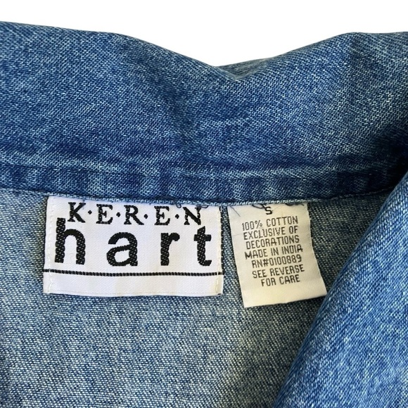KEREN Hart Vintage 90s Floral Beaded Embellished Denim Shirt Shacket Boxy Fit S - Picture 15 of 16
